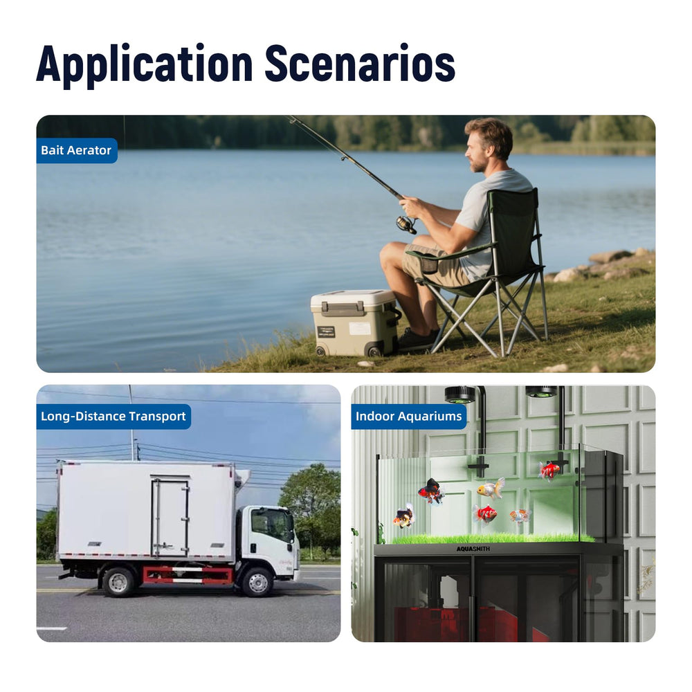AQUASMITH live bait aerator includes hose and stone for complete setup.