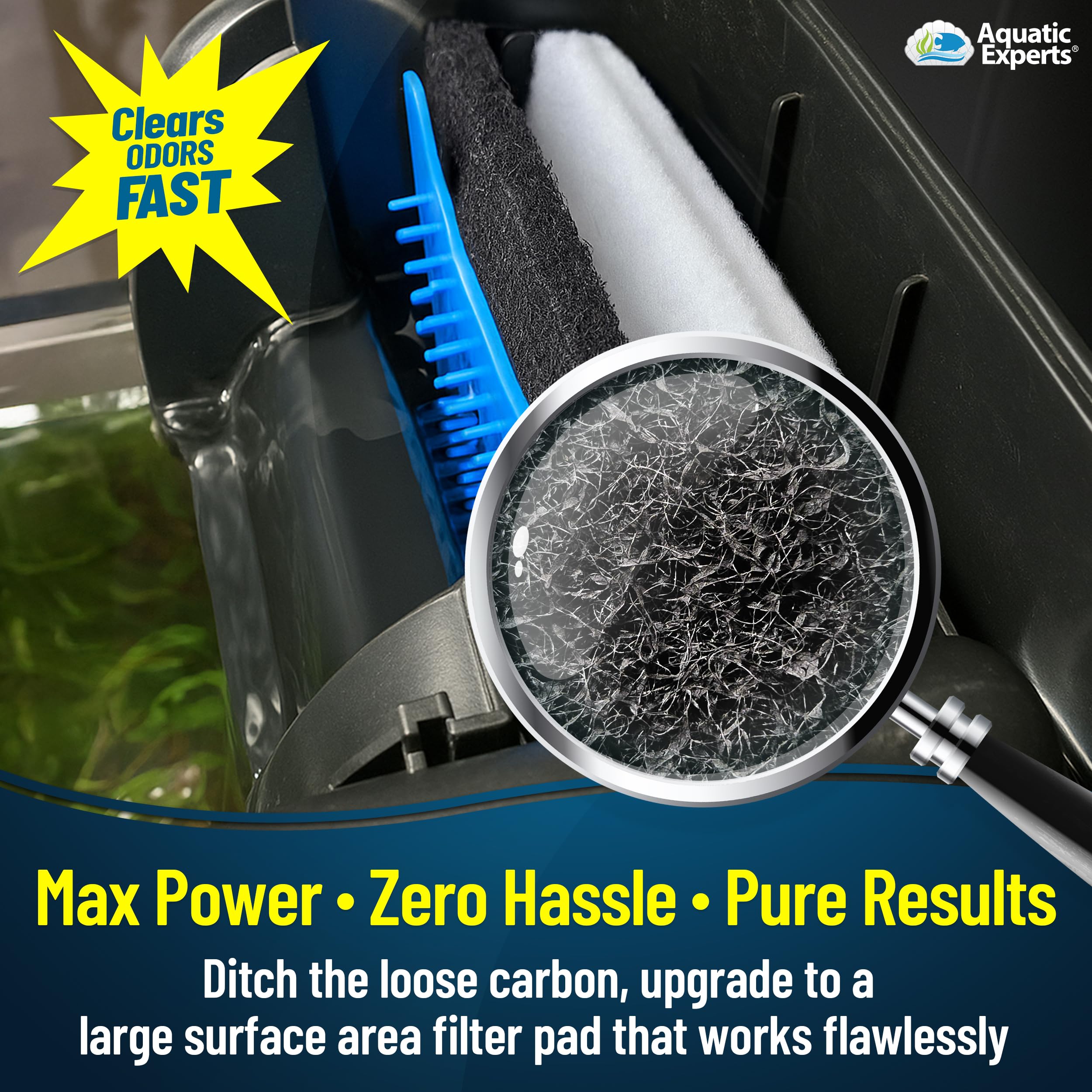 Aquatic Experts carbon pad removing odors from aquarium water.
