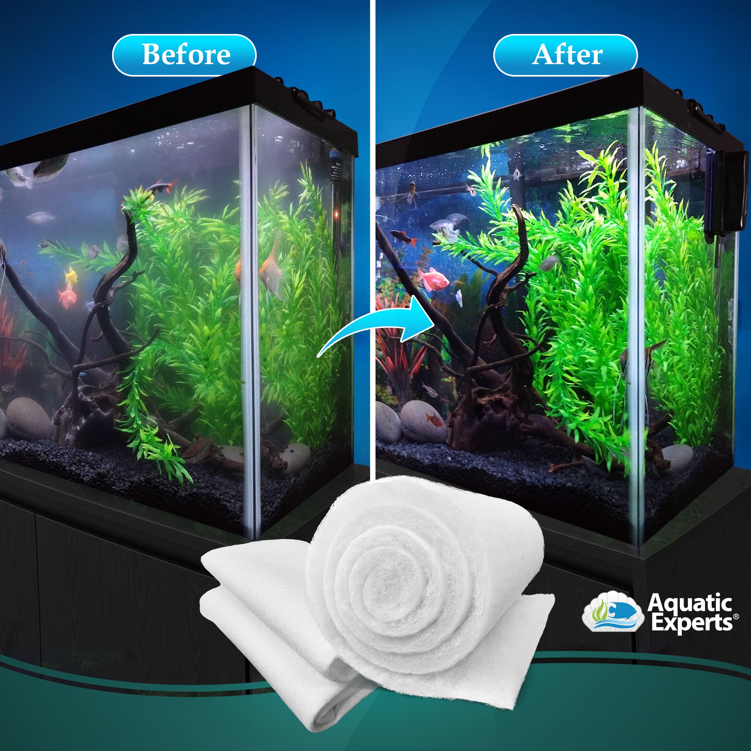 Aquatic Experts open weave top layer traps larger particles for cleaner water.