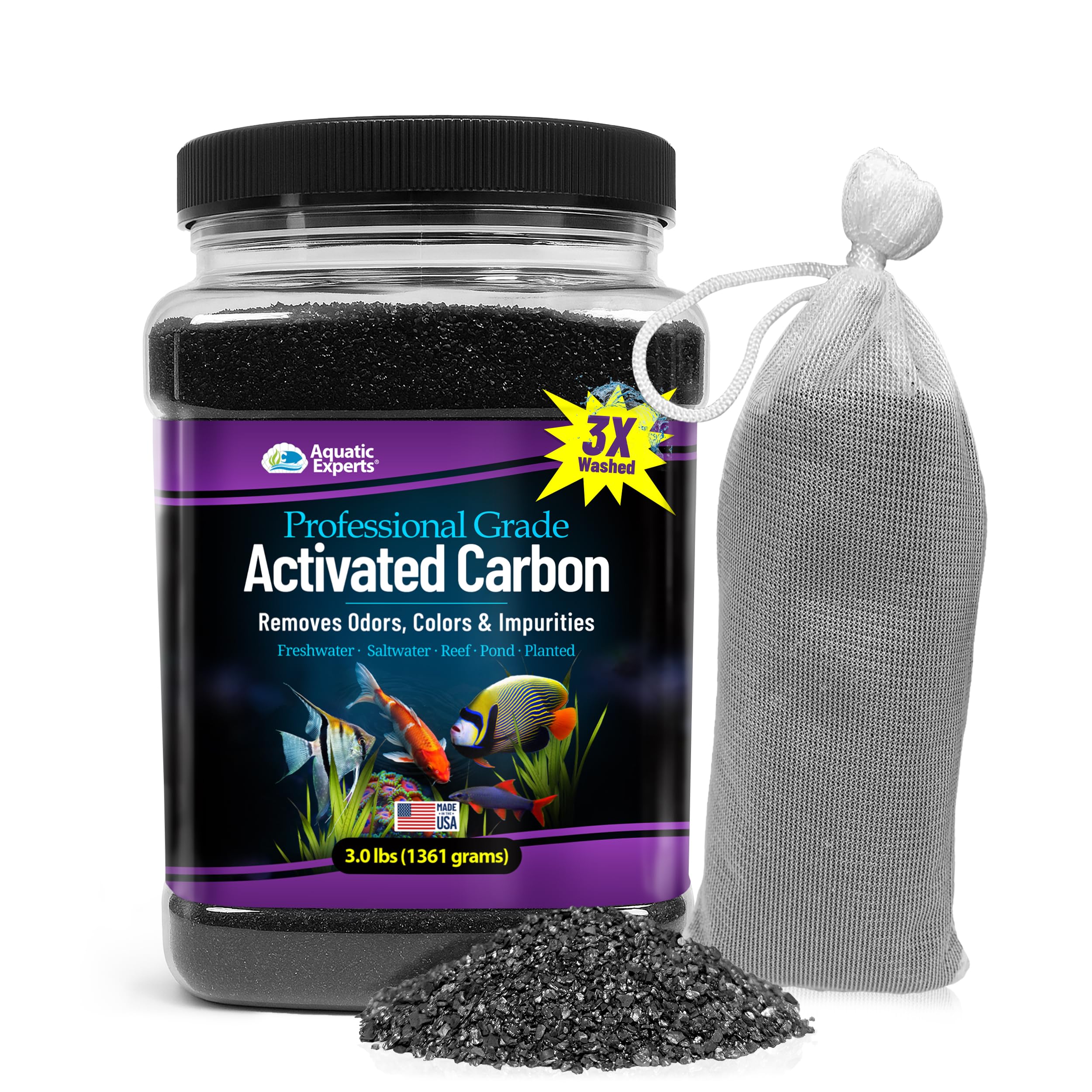 Aquatic Experts premium activated carbon packaging in a clean setup.