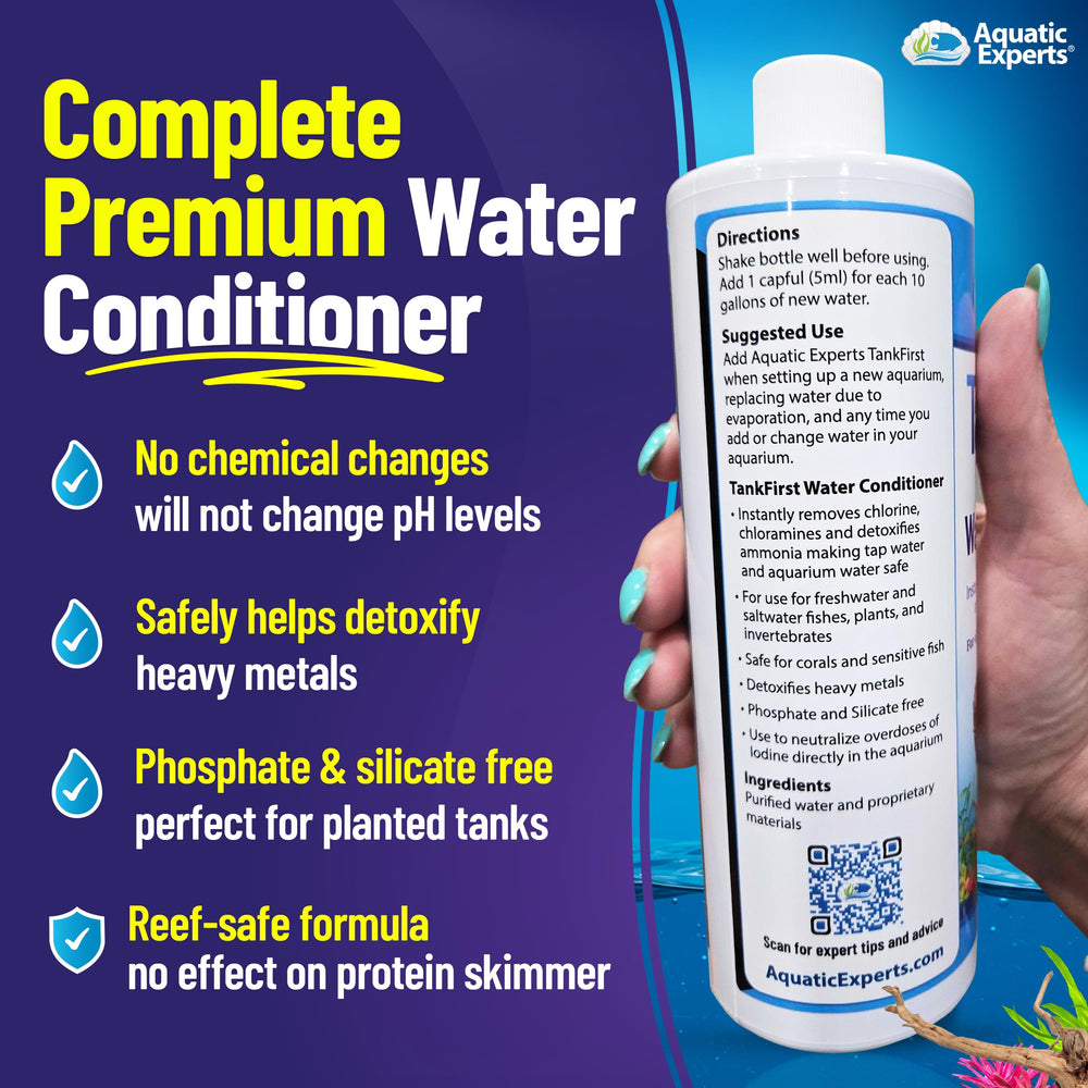 Aquatic Experts TankFirst dosing instruction close-up highlights easy steps for water prep.