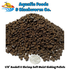 Aquatic Foods Inc. Axolotl pellets on feeding dish demonstrating portion-size and ready-to-feed convenience.