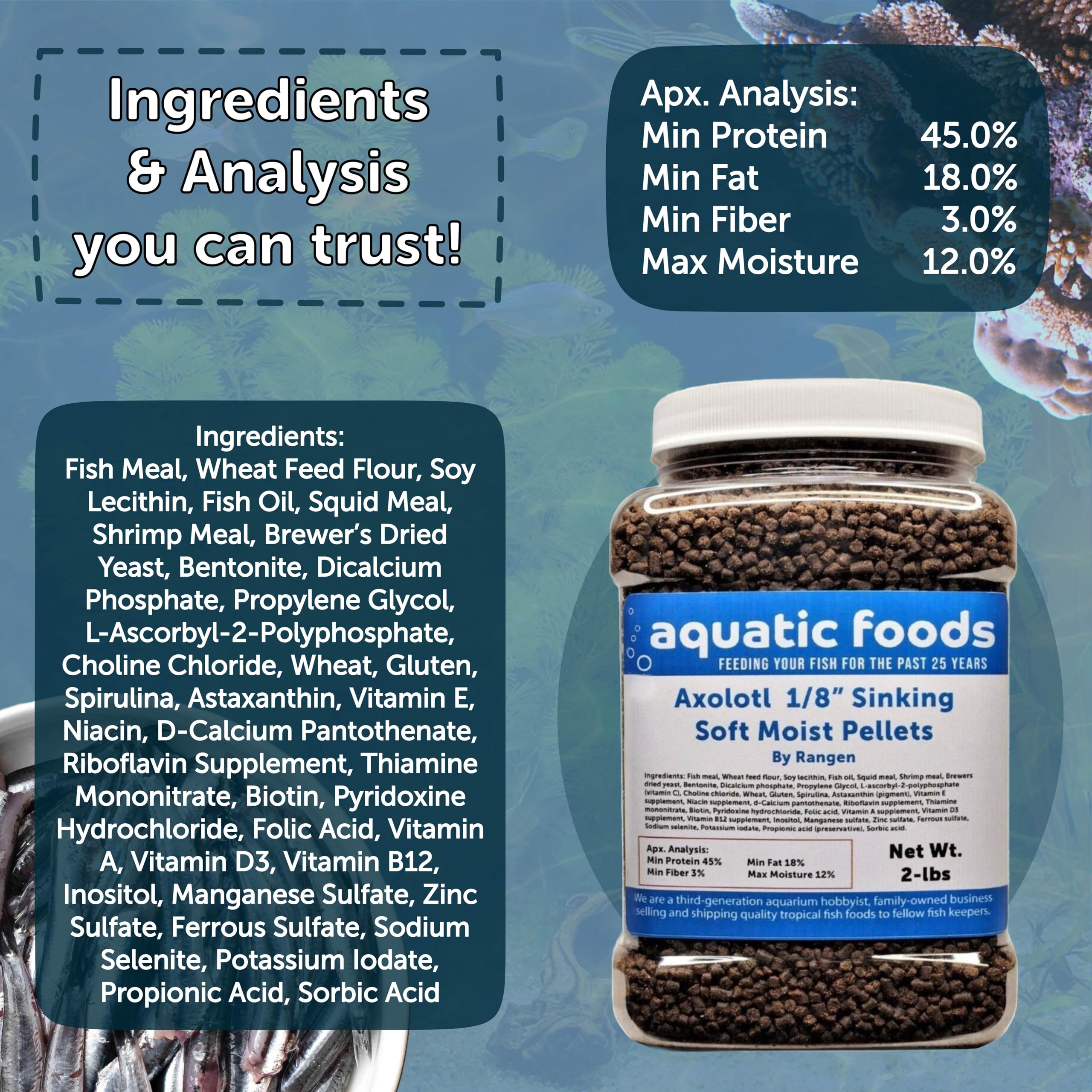 Aquatic Foods Inc. Axolotl pellets shown sinking in tank for bottom-dwelling species.