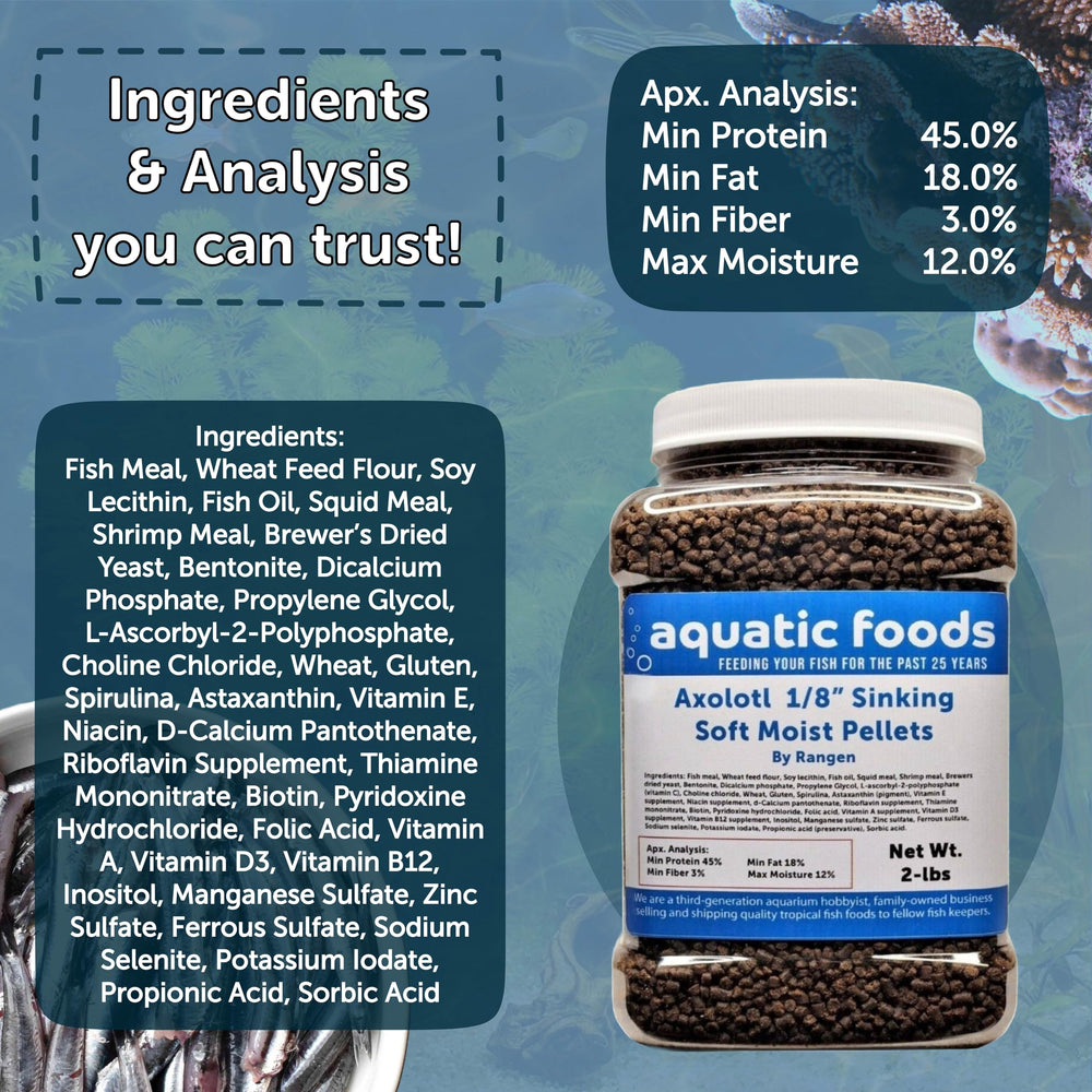 Aquatic Foods Inc. Axolotl pellets shown sinking in tank for bottom-dwelling species.