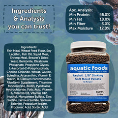 Aquatic Foods Inc. Axolotl pellets shown sinking in tank for bottom-dwelling species.
