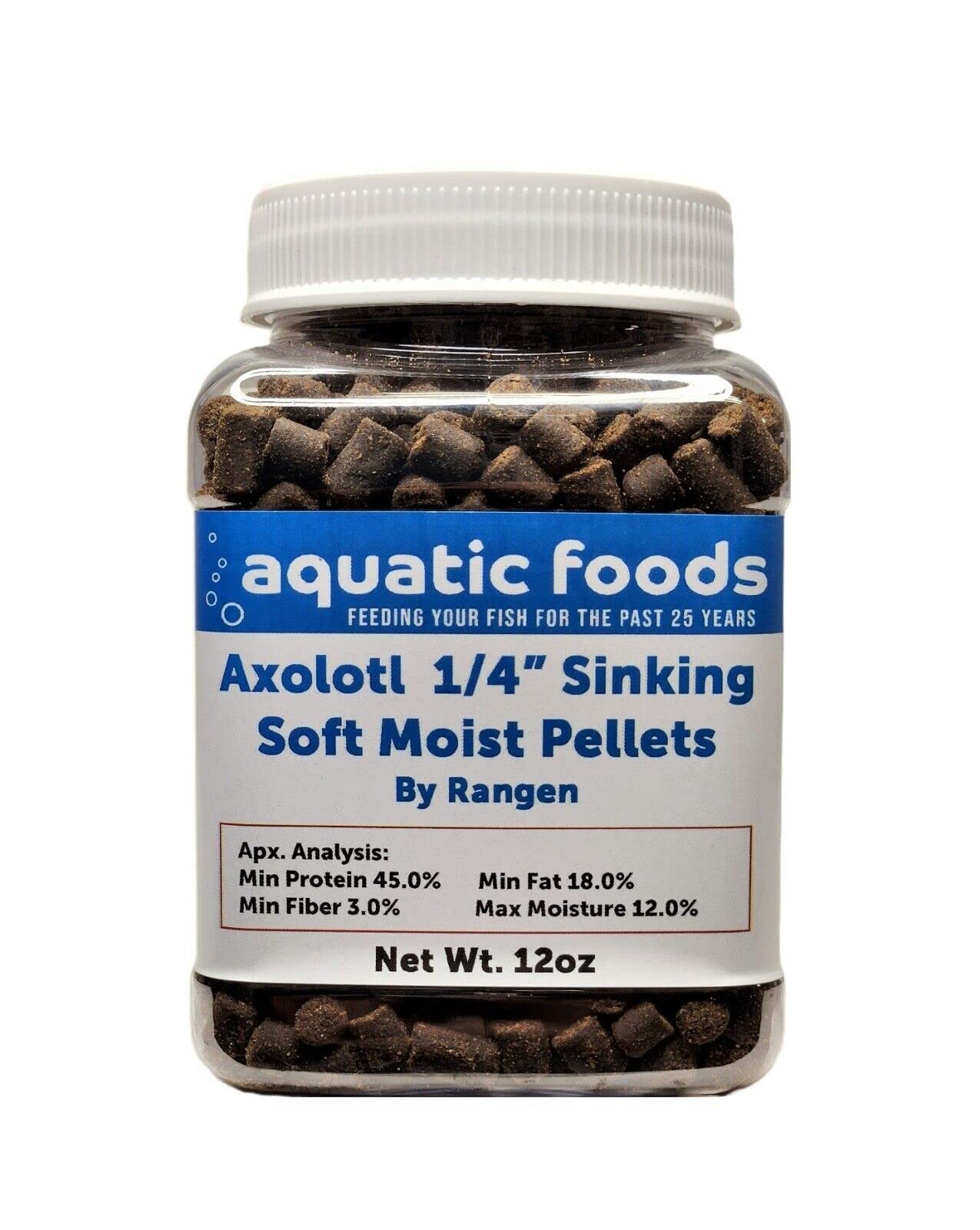 Aquatic Foods Inc Axolotl pellets close-up showing soft sinking texture for efficient feeding.