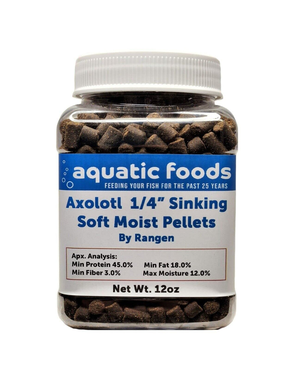 Aquatic Foods Inc Axolotl pellets close-up showing soft sinking texture for efficient feeding.