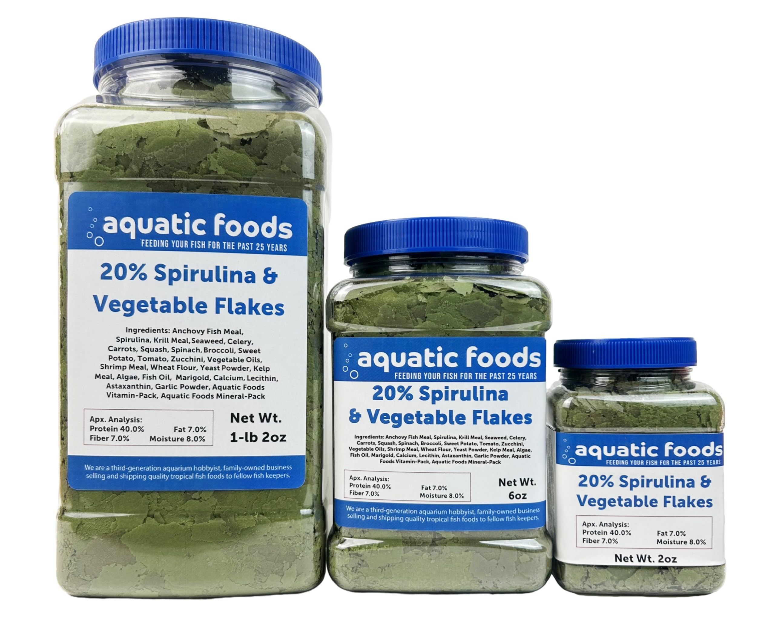 Aquatic Foods Inc premium spirulina flakes bottle for vibrant color and healthy fins.