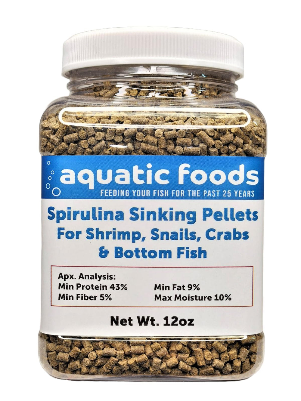 Aquatic Foods Inc. Spirulina sinking pellets 12oz jar for shrimp and bottom-dwellers; protein-rich energy source.