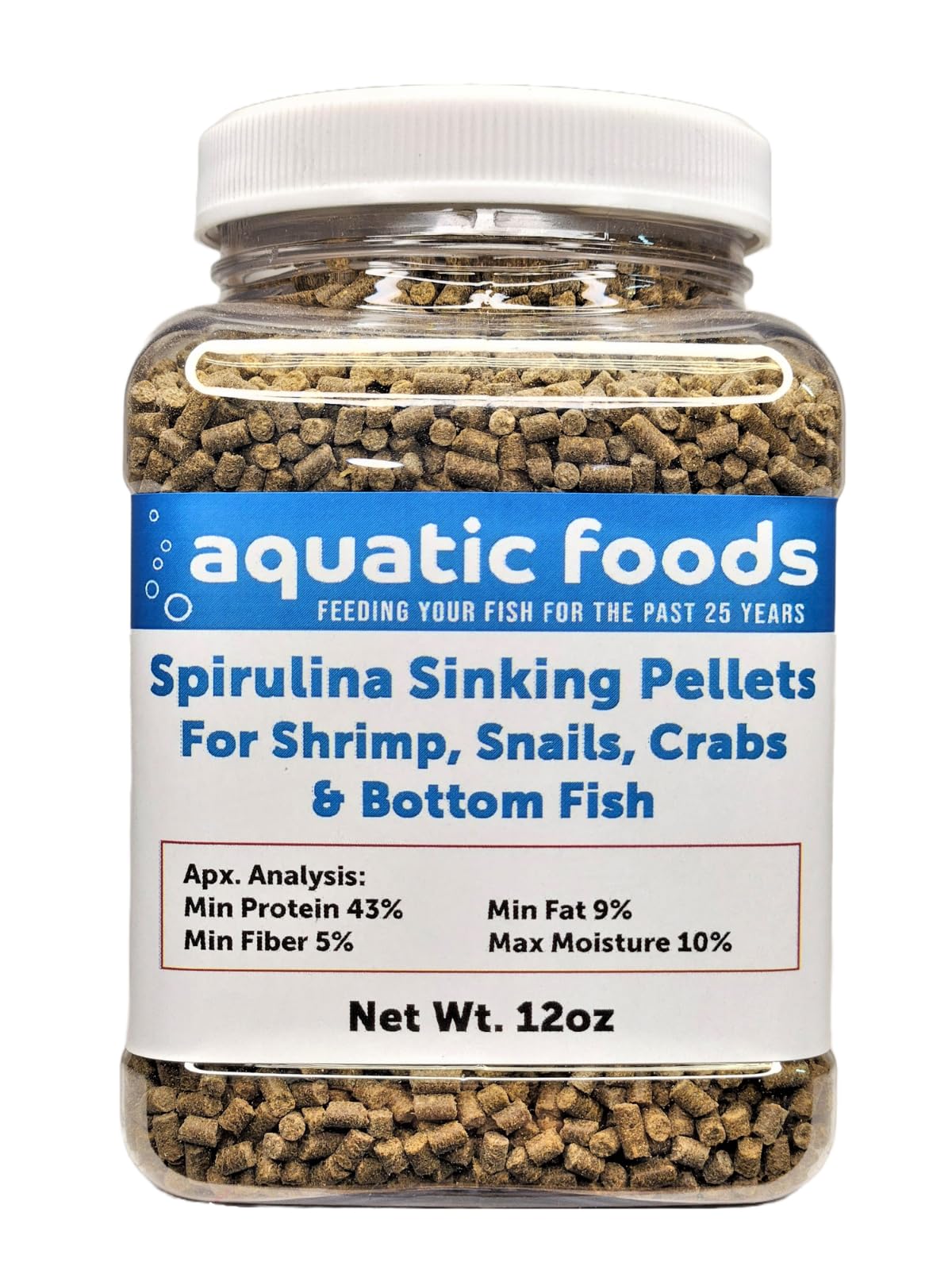 Aquatic Foods Inc. Spirulina sinking pellets 12oz jar for shrimp and bottom-dwellers; protein-rich energy source.