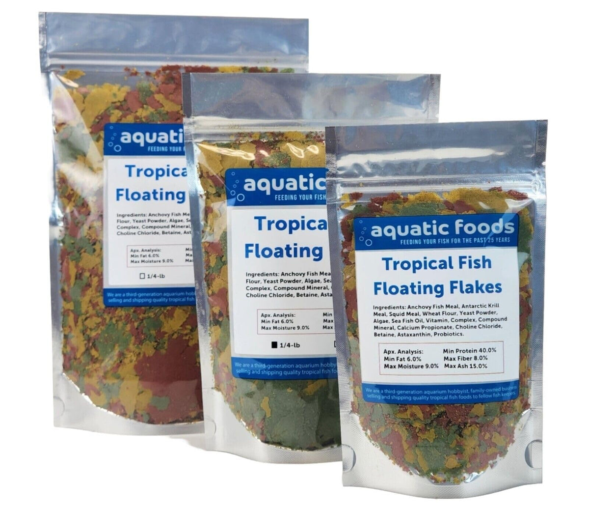 Aquatic Foods Inc. tropical flakes with krill and spirulina for vibrant color and palatability.