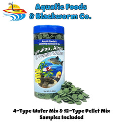 Aquatic Foods Inc. veggie algae pellets with mixed greens for shrimp and snails.