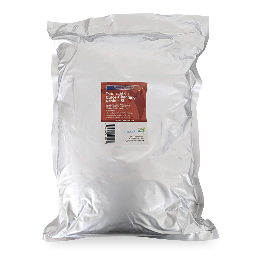 Aquatic Life color-changing DI resin bulk 5L packaging for easy resin life monitoring in RO/DI systems.