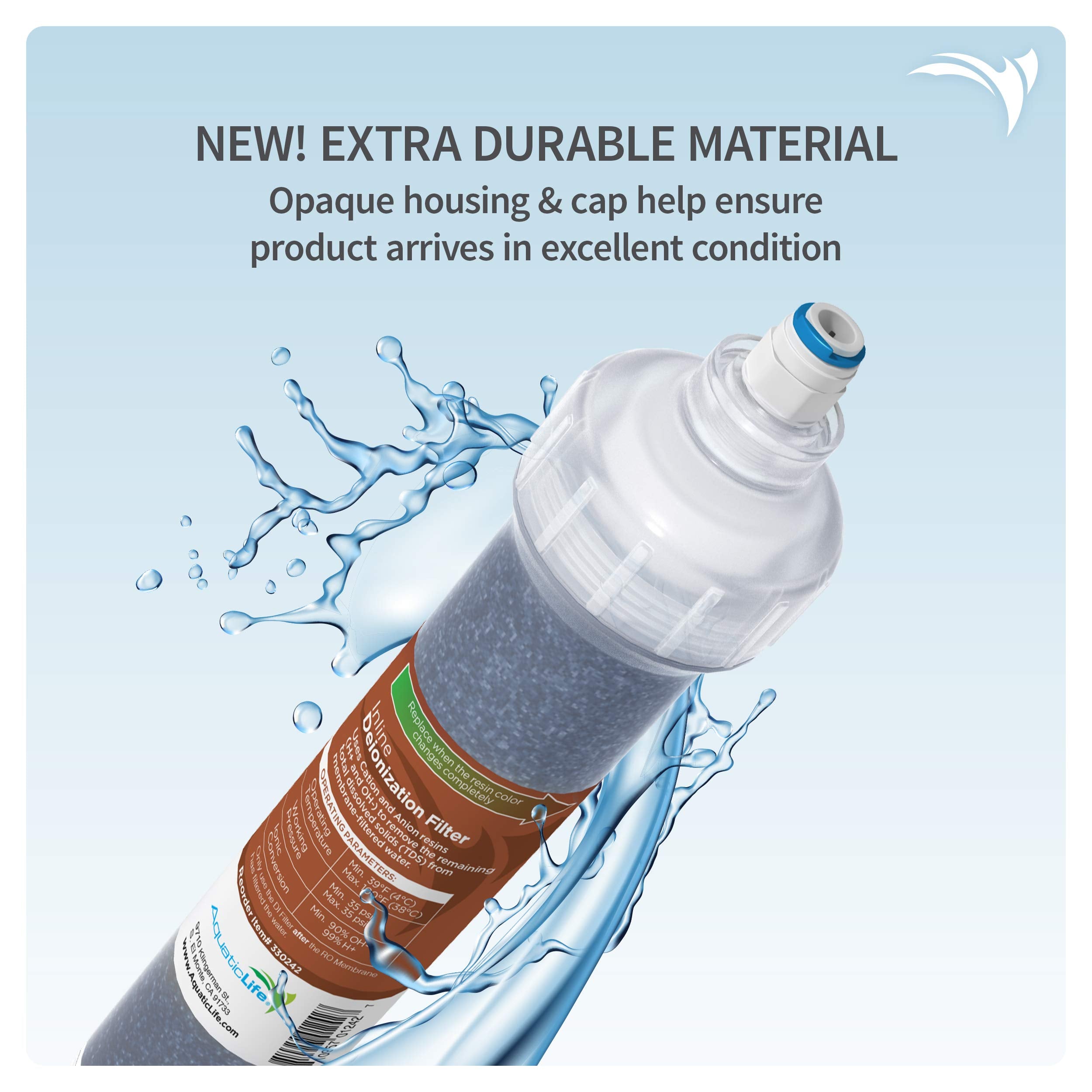 Aquatic Life DI inline cartridge shows blue to tan indicator signaling resin exhaustion and replacement need.