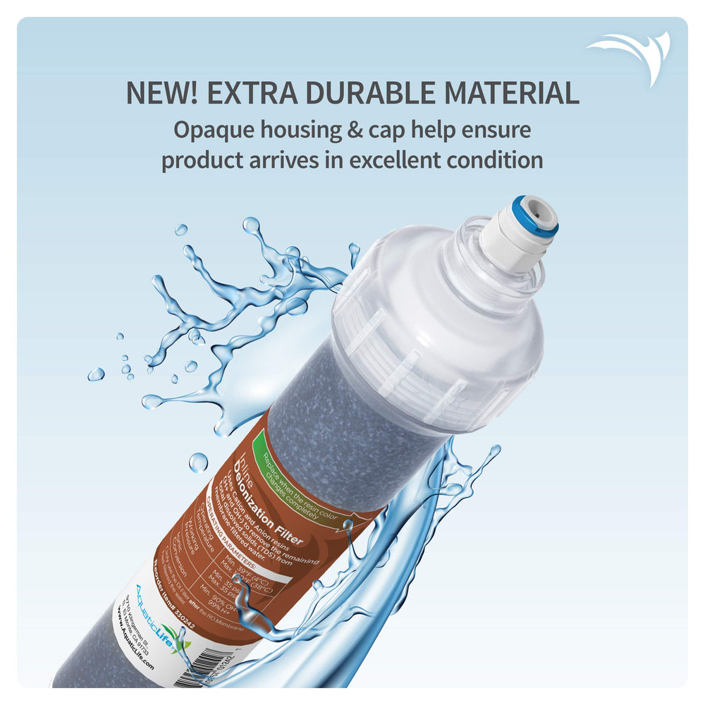 Aquatic Life DI inline cartridge shows blue to tan indicator signaling resin exhaustion and replacement need.