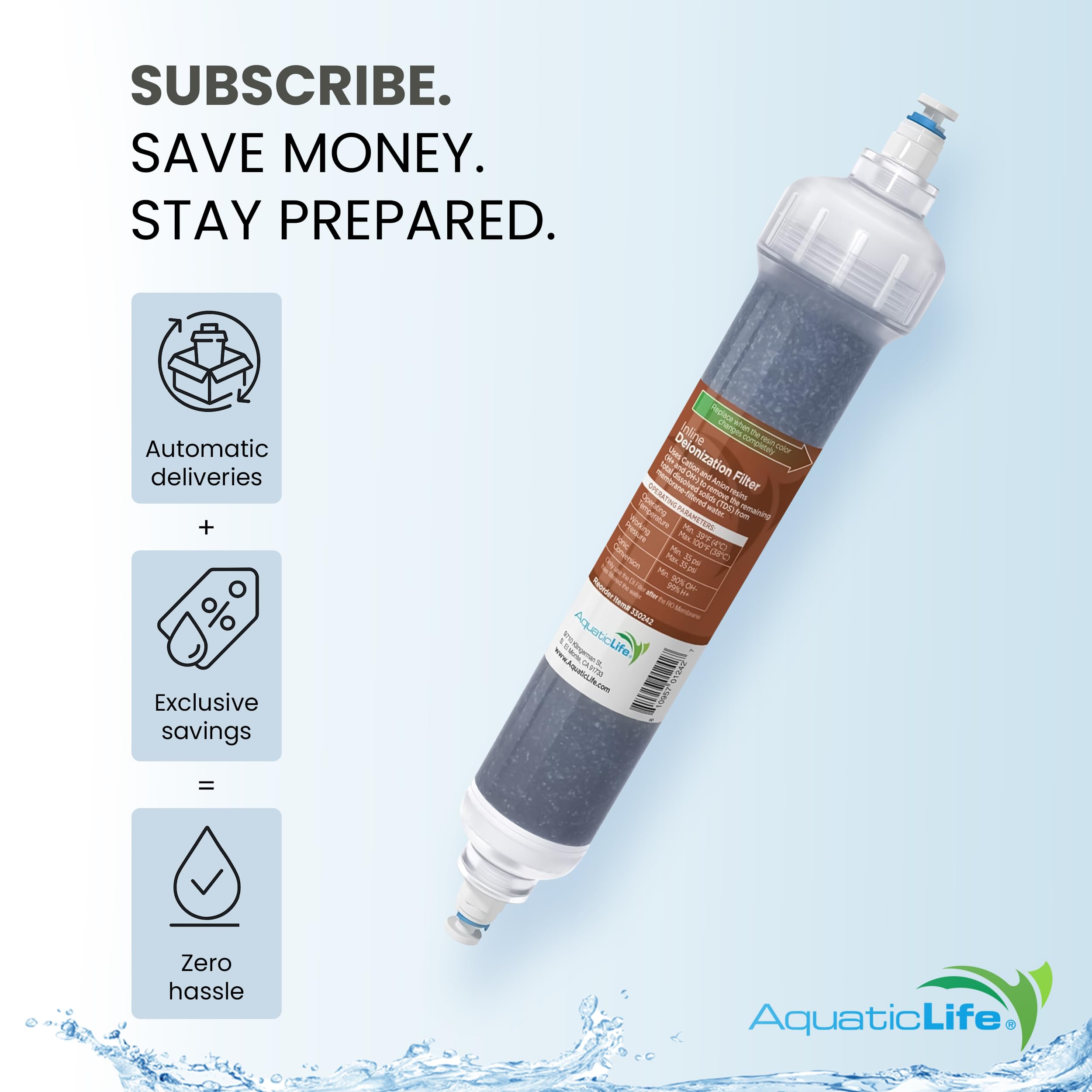 Aquatic Life inline cartridge connected via ¼-inch tubing for tool-free installation.
