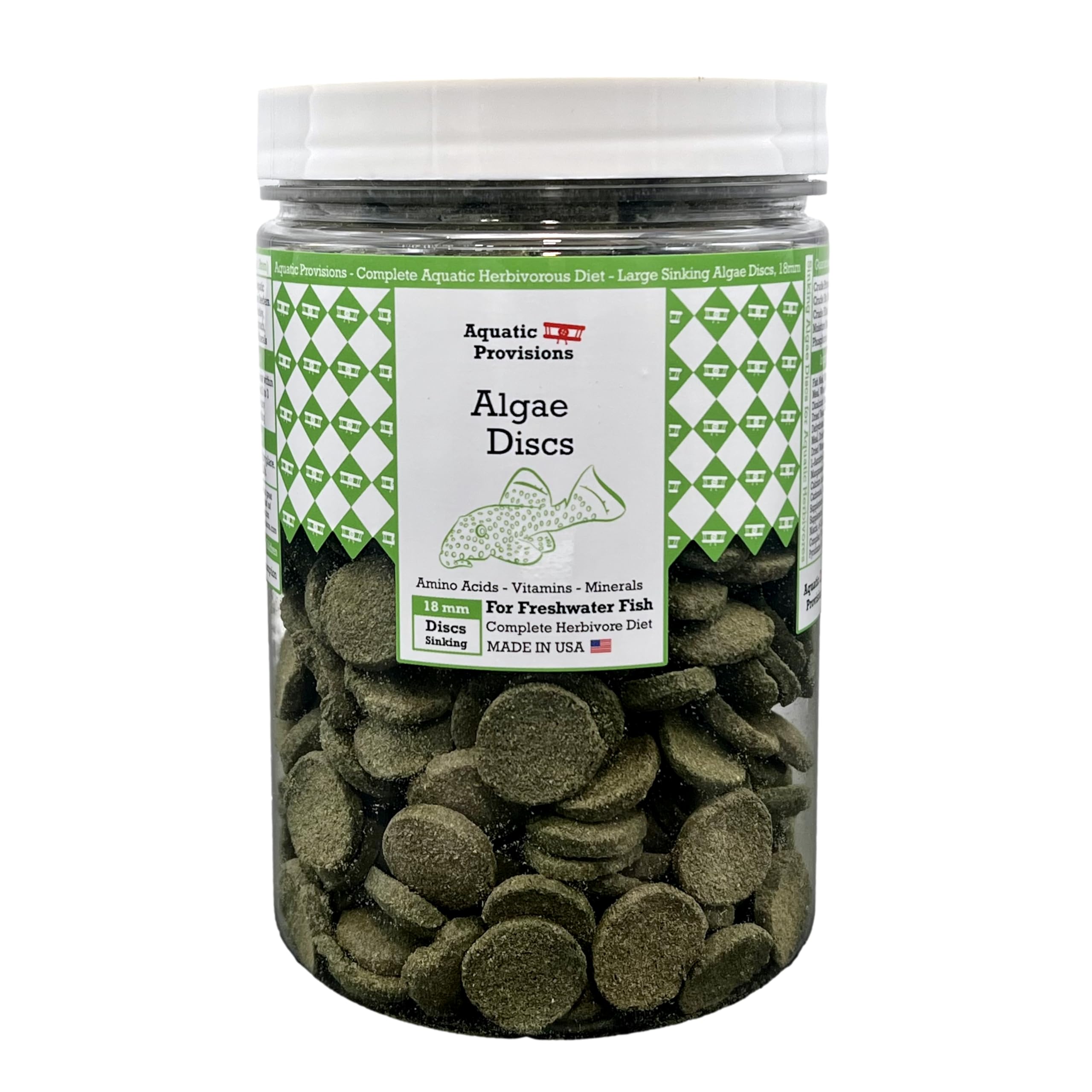 Aquatic Provisions algae discs sinking wafers for freshwater herbivores' balanced nutrition.