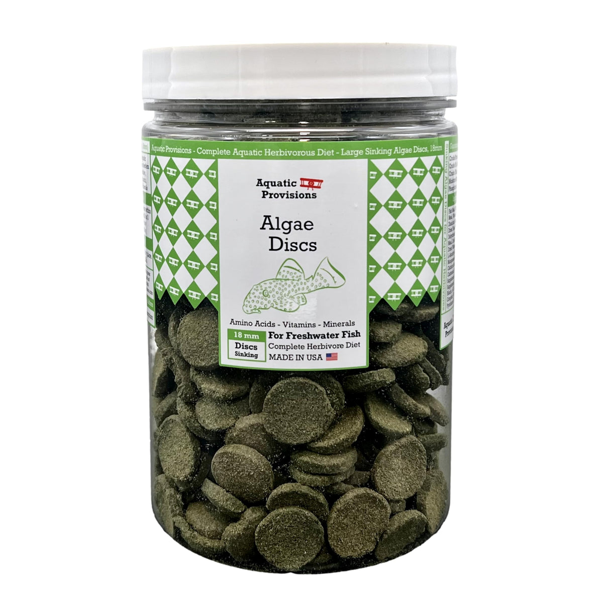 Aquatic Provisions algae discs sinking wafers for freshwater herbivores' balanced nutrition.