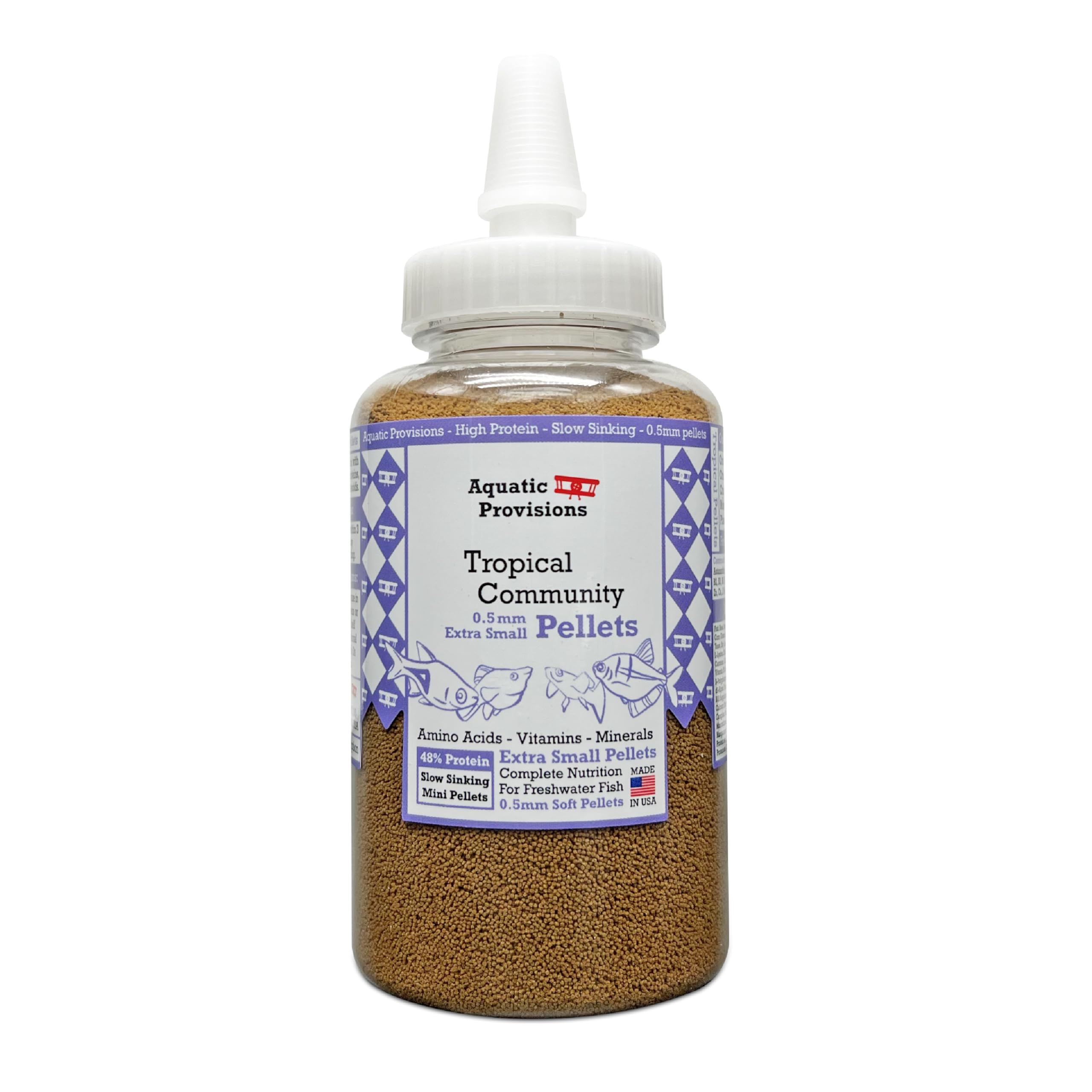 Aquatic Provisions extra-small 0.5 mm sinking pellets for tropical community tanks