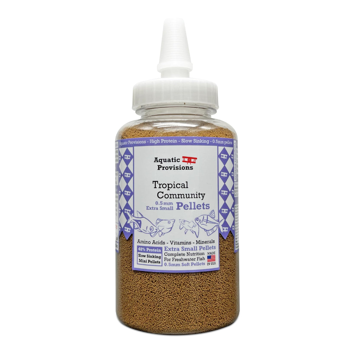 Aquatic Provisions extra-small 0.5 mm sinking pellets for tropical community tanks