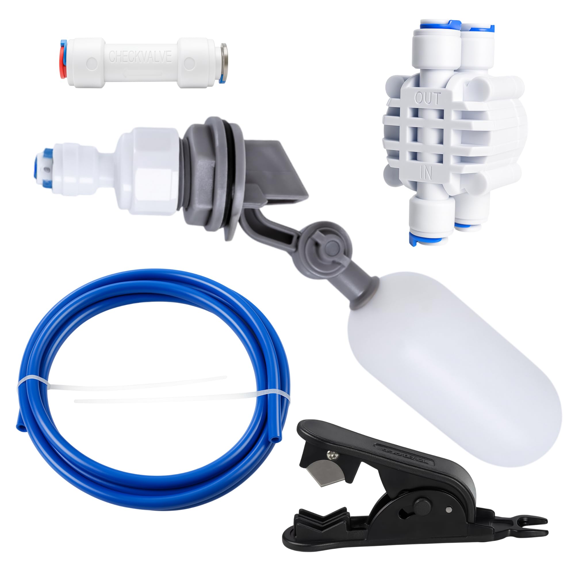 AQUEFY RO/DI float valve kit assembly for precise reef tank water level control.