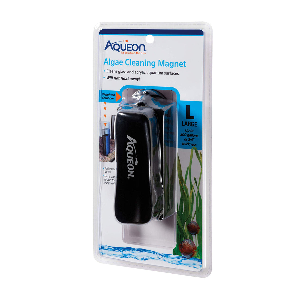 Aqueon Algae Scraper with inside-outside magnet cleans glass and acrylic walls.