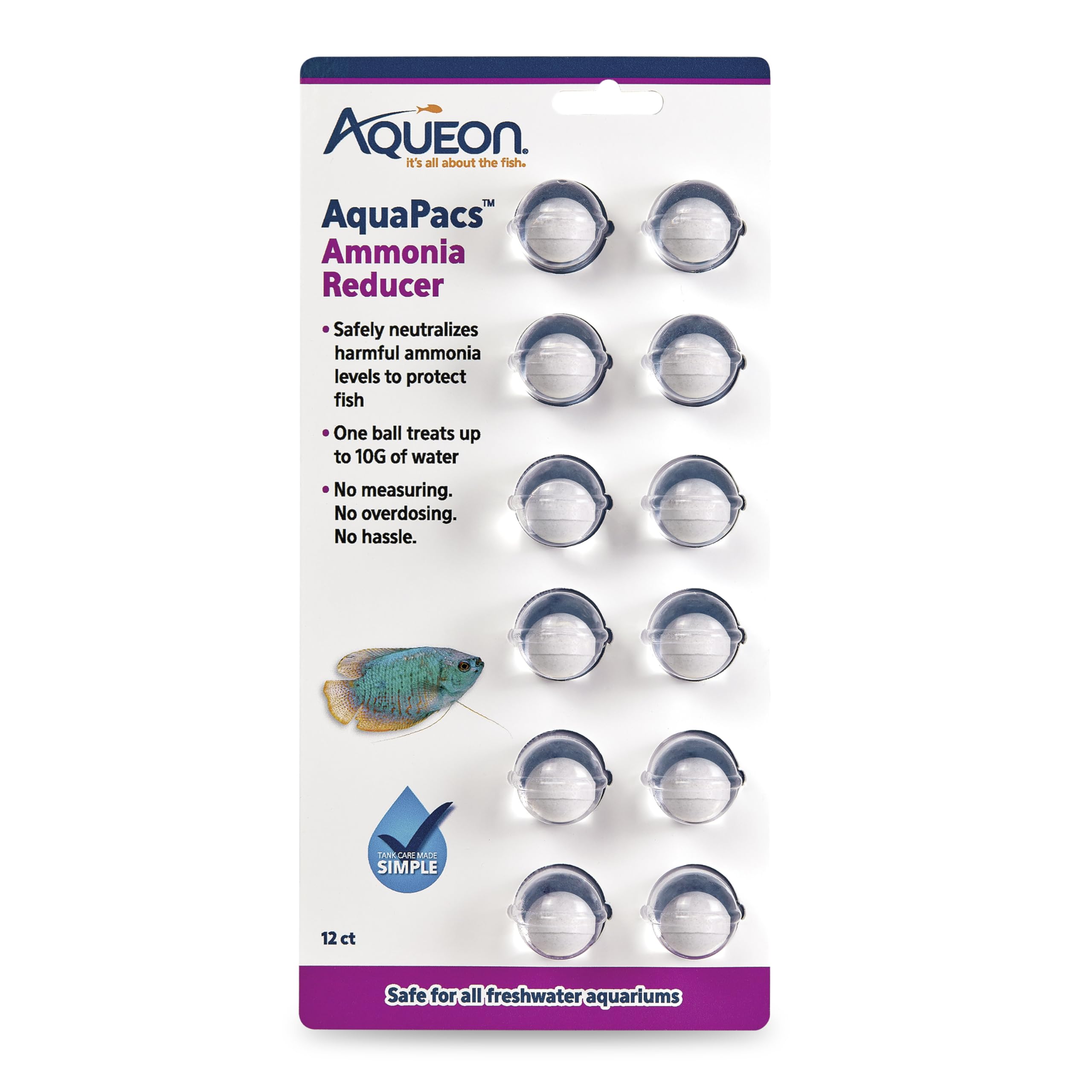 Aqueon AquaPacs ammonia reducer ball helps protect fish in 10-gallon tanks.