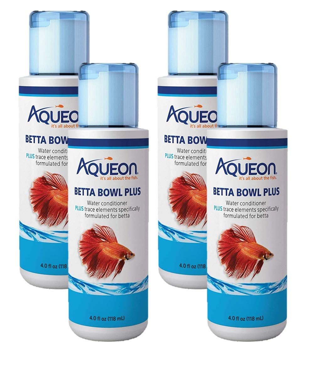 Aqueon Betta Bowl Plus conditioner bottle pouring to condition tap water for bettas