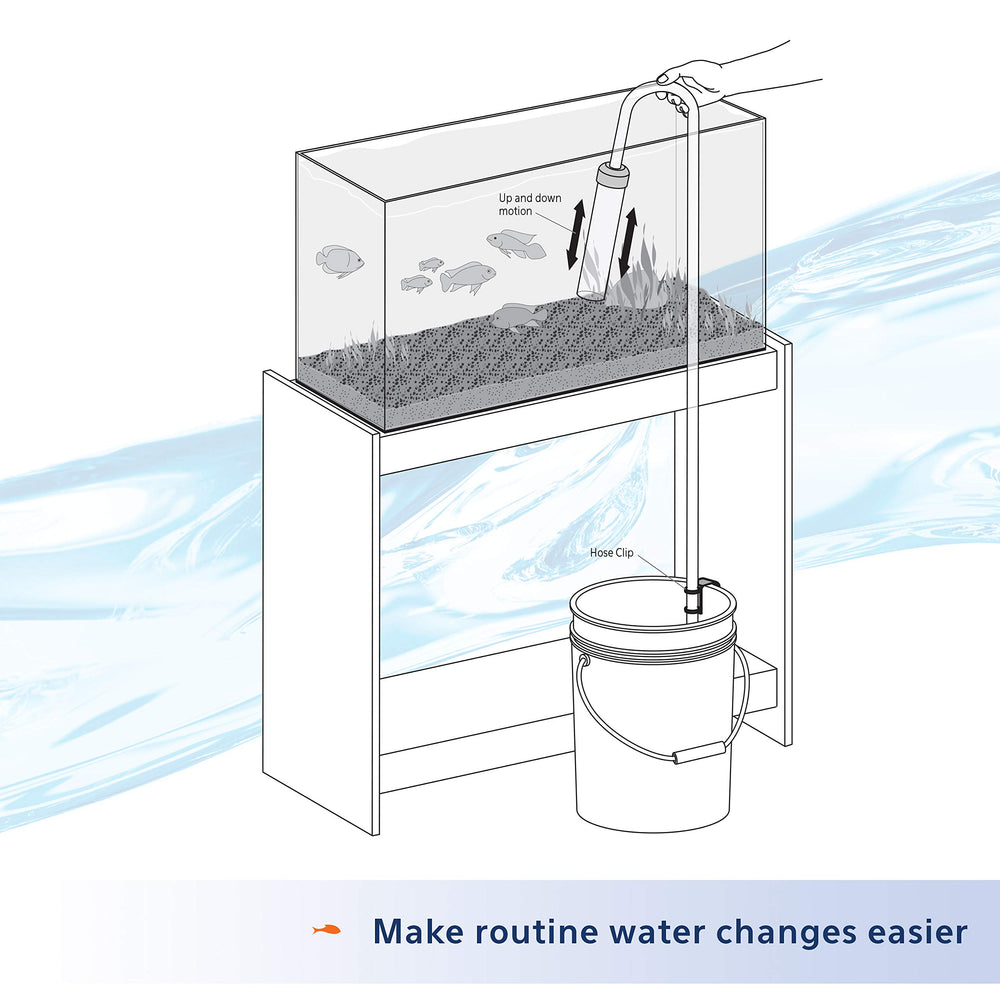 Aqueon hose clip attached to bucket, keeping setup tidy during water changes.