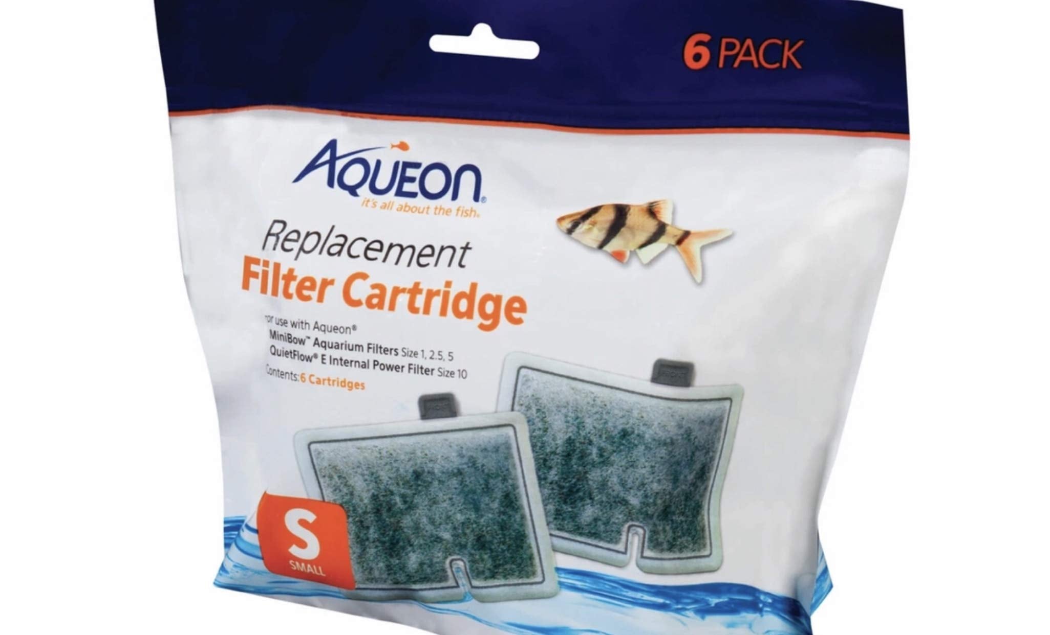 Aqueon small filter cartridge six-pack displayed for easy aquarium maintenance and water clarity.
