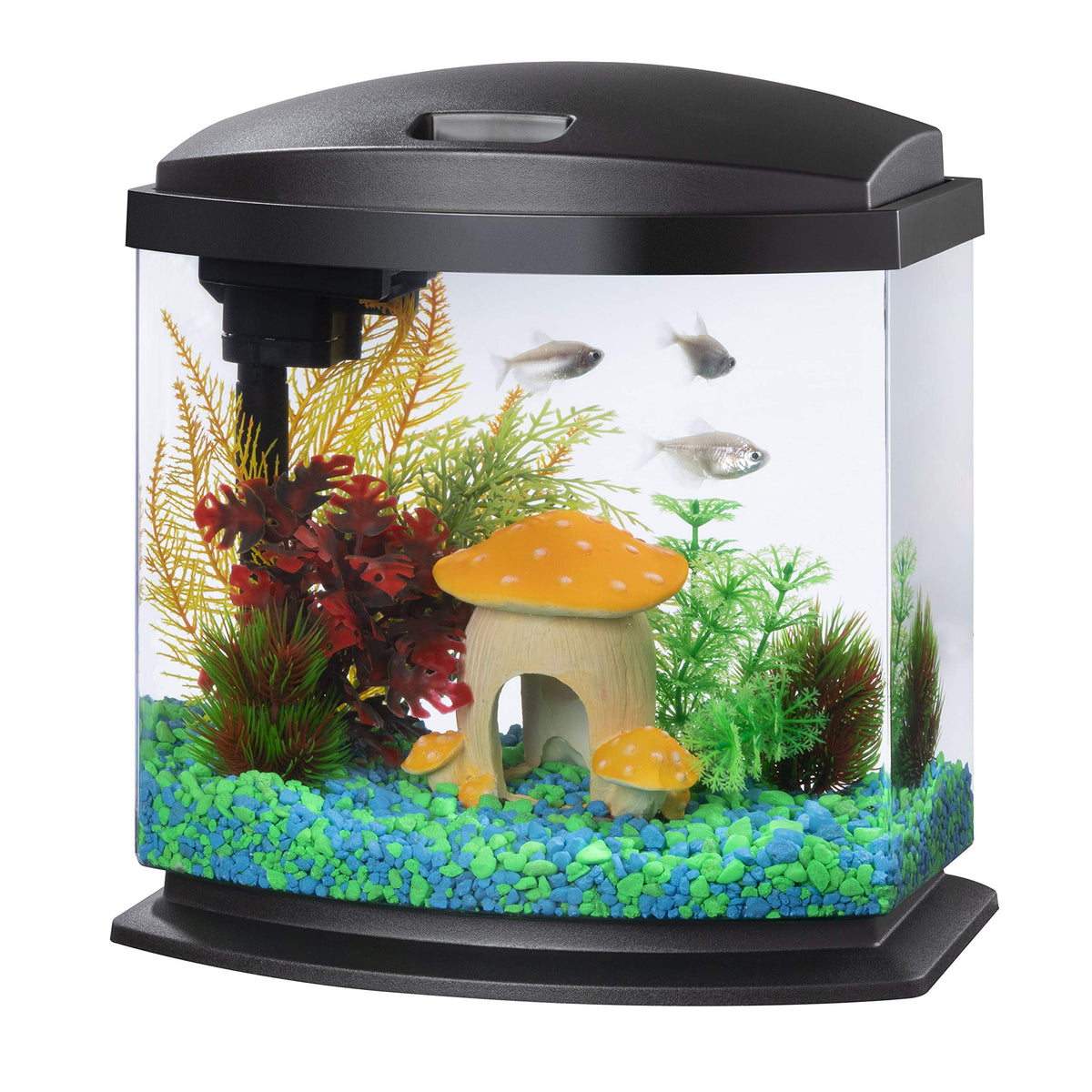 Aqueon MiniBow 2.5-gallon aquarium setup shown as a compact desktop kit for small spaces.