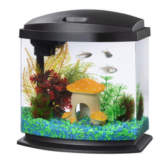 Aqueon MiniBow 2.5-gallon aquarium setup shown as a compact desktop kit for small spaces.