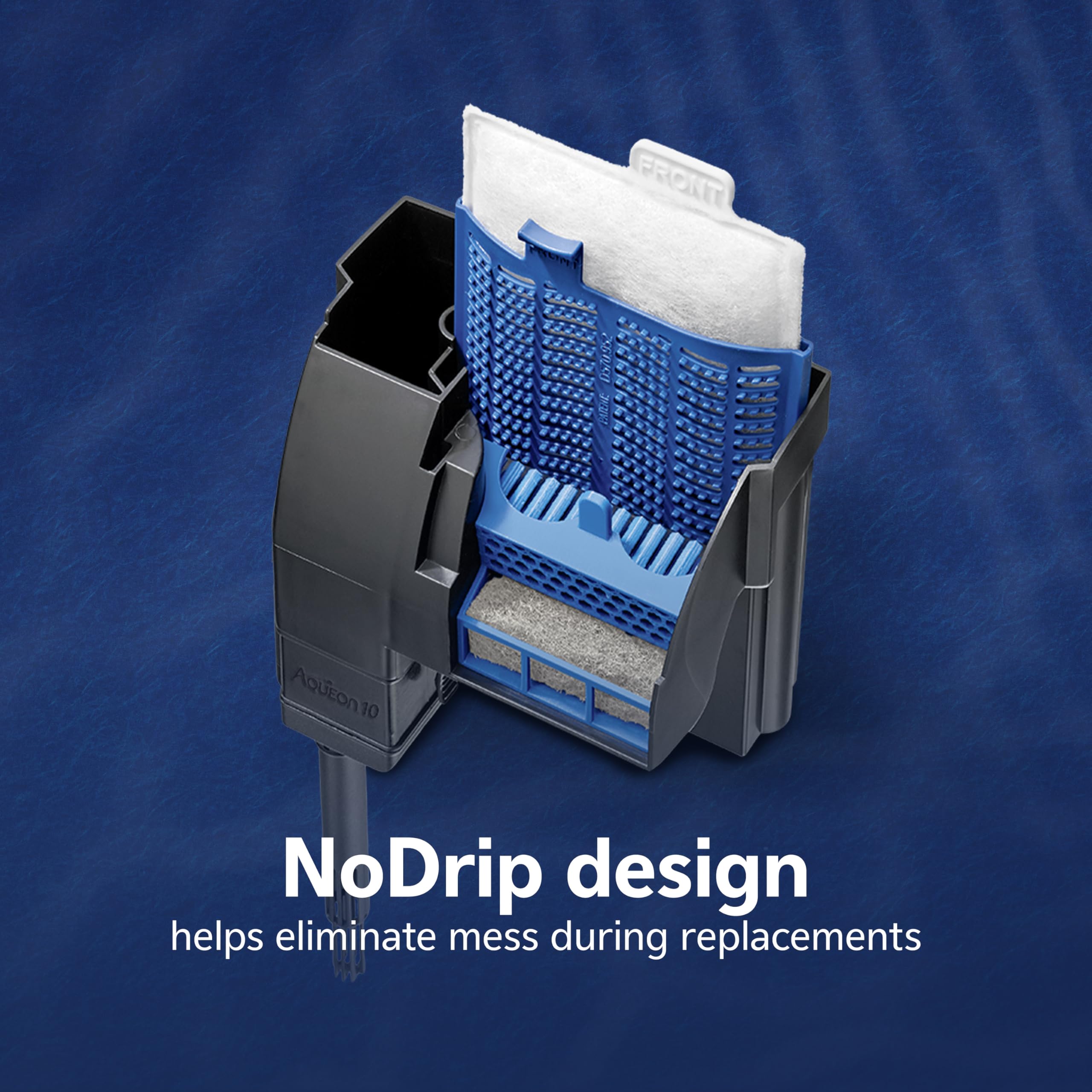 Aqueon Pro cartridge no-drip design minimizes spills during changes.