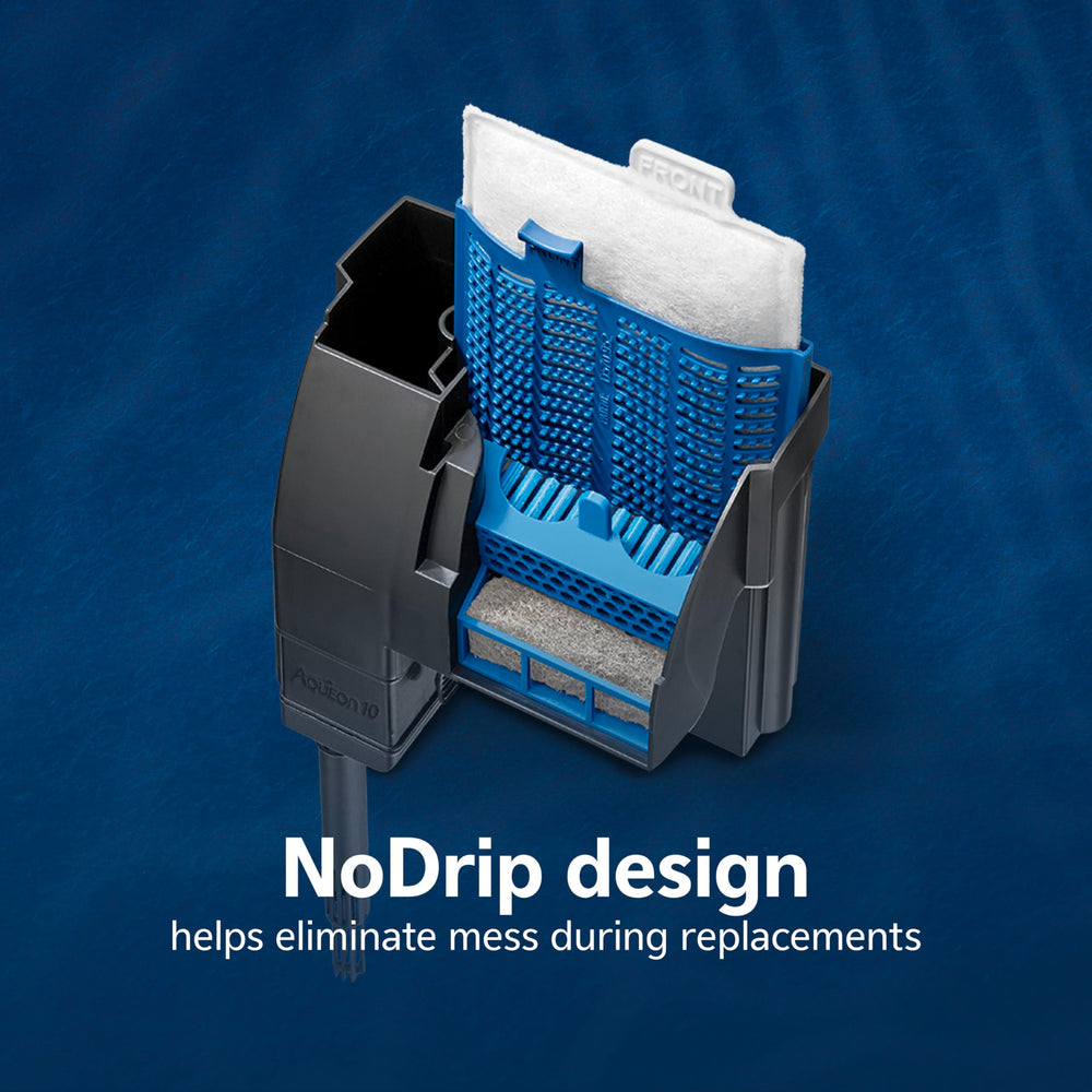 Aqueon Pro cartridge no-drip design minimizes spills during changes.