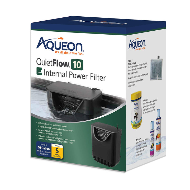 Aqueon QuietFlow 10E filter body shown for compact 10-gallon setups