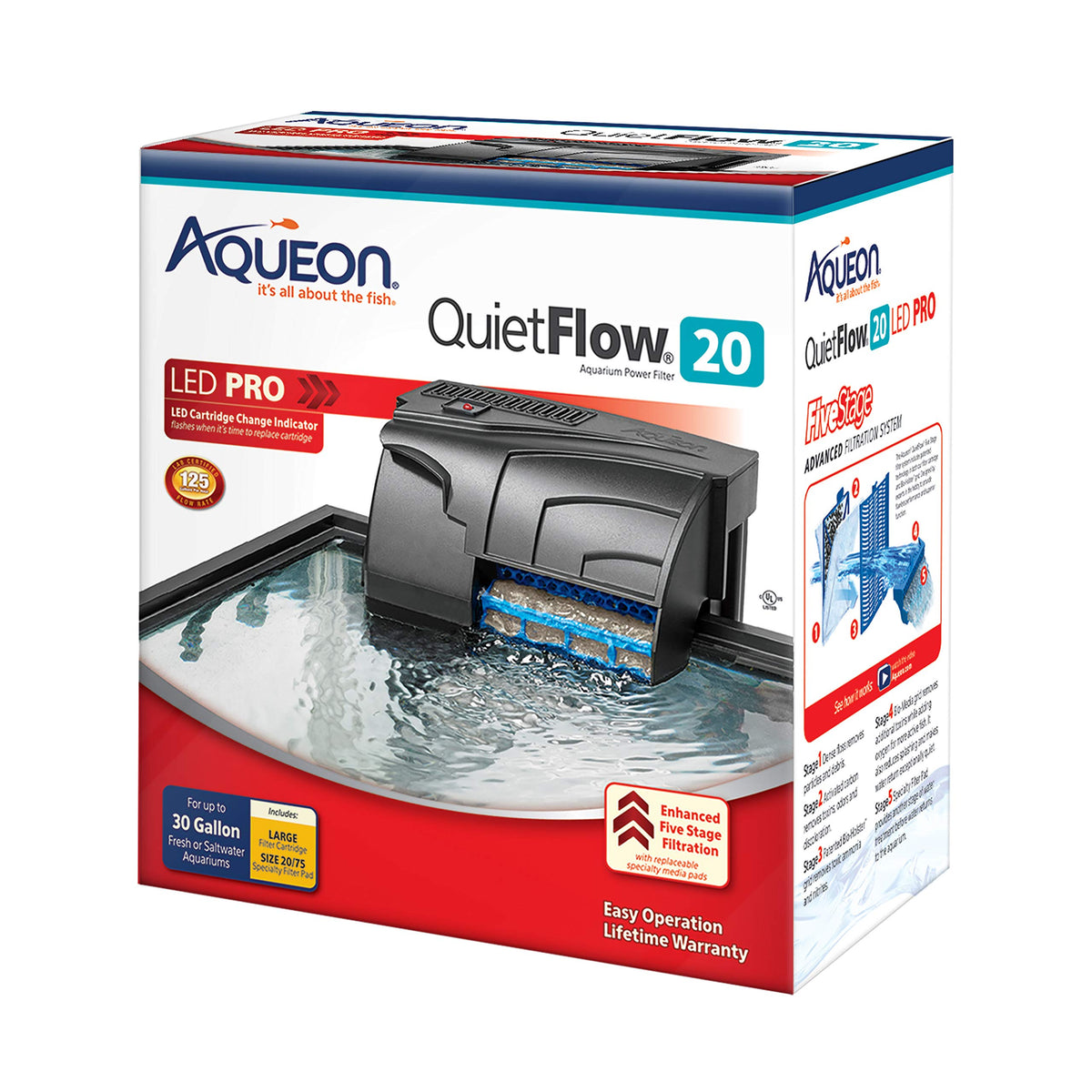 Aqueon QuietFlow 20 LED PRO back view shows quiet operation and filtration potential