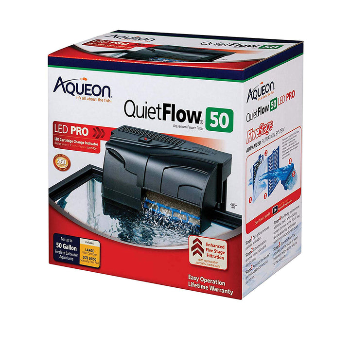 Aqueon QuietFlow 50 LED Pro filter front view for quiet filtration