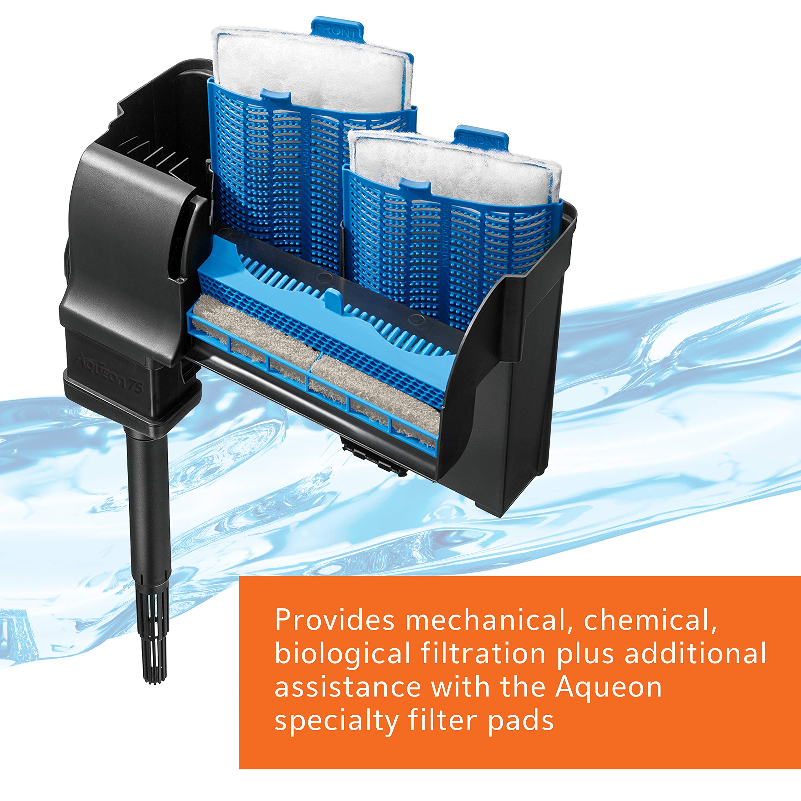 Aqueon QuietFlow 75 LED PRO filter replacement cartridges shown for extended chemical and biological filtration.