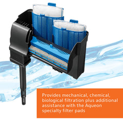 Aqueon QuietFlow 75 LED PRO filter replacement cartridges shown for extended chemical and biological filtration.