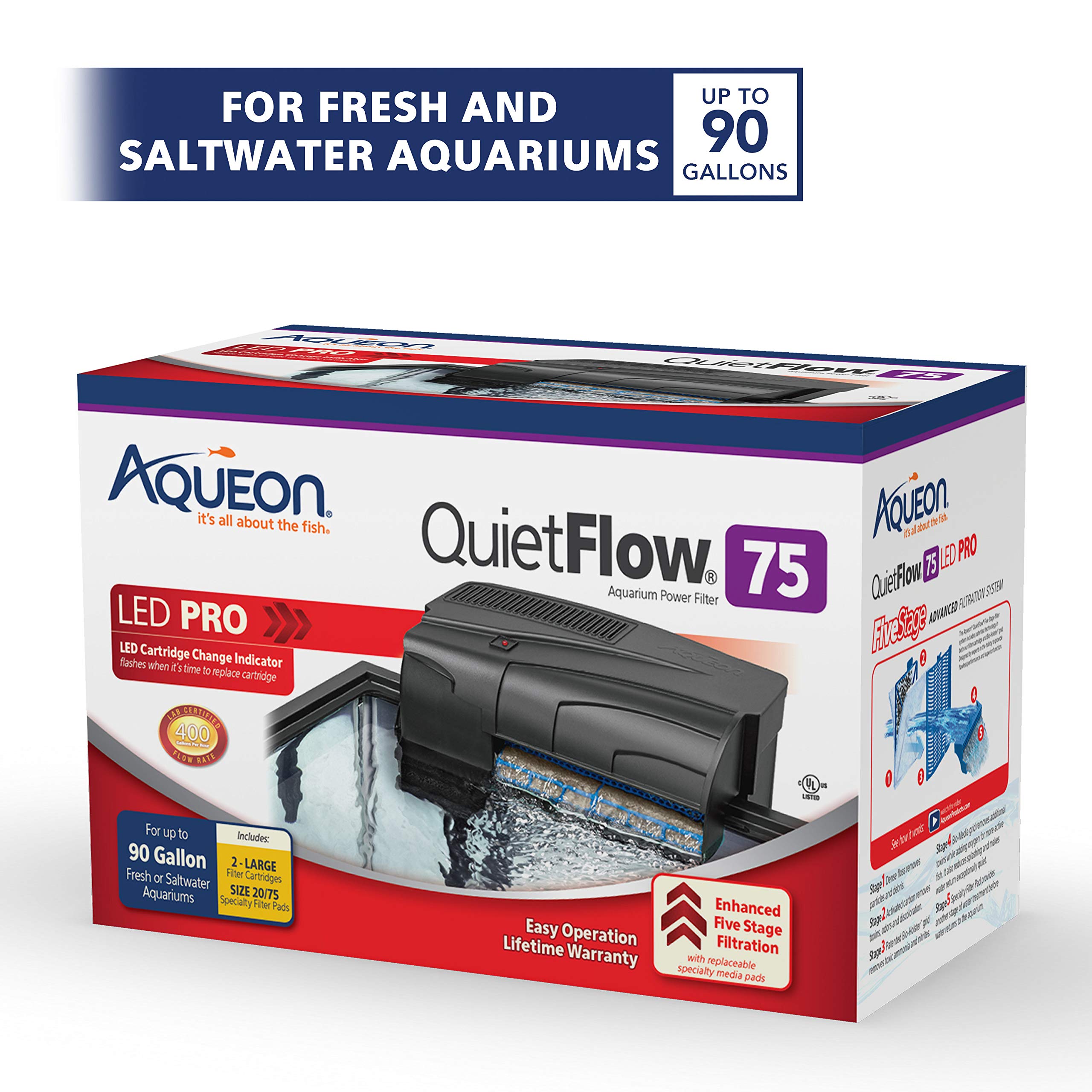 Aqueon QuietFlow 75 LED PRO filter installed inside an aquarium for space-saving setup.