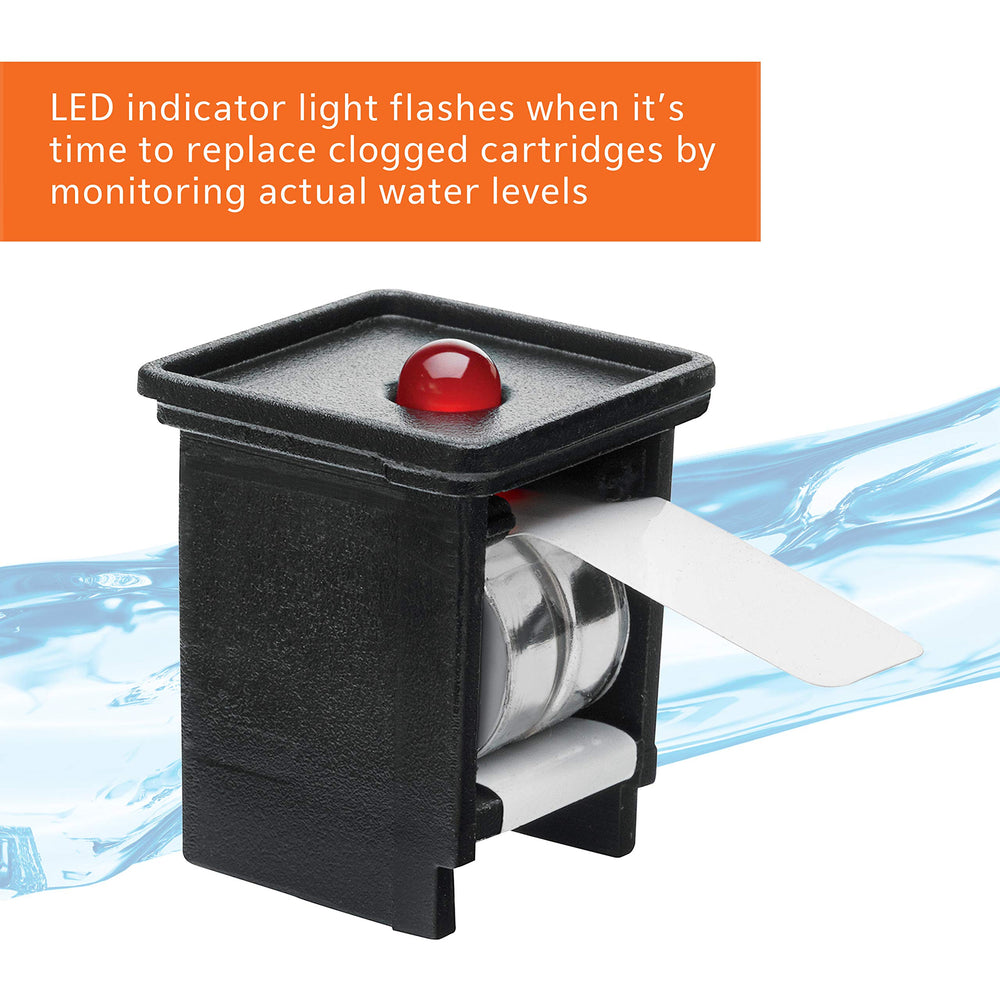 Aqueon QuietFlow 75 LED PRO filter LED indicator signals cartridge maintenance needs.