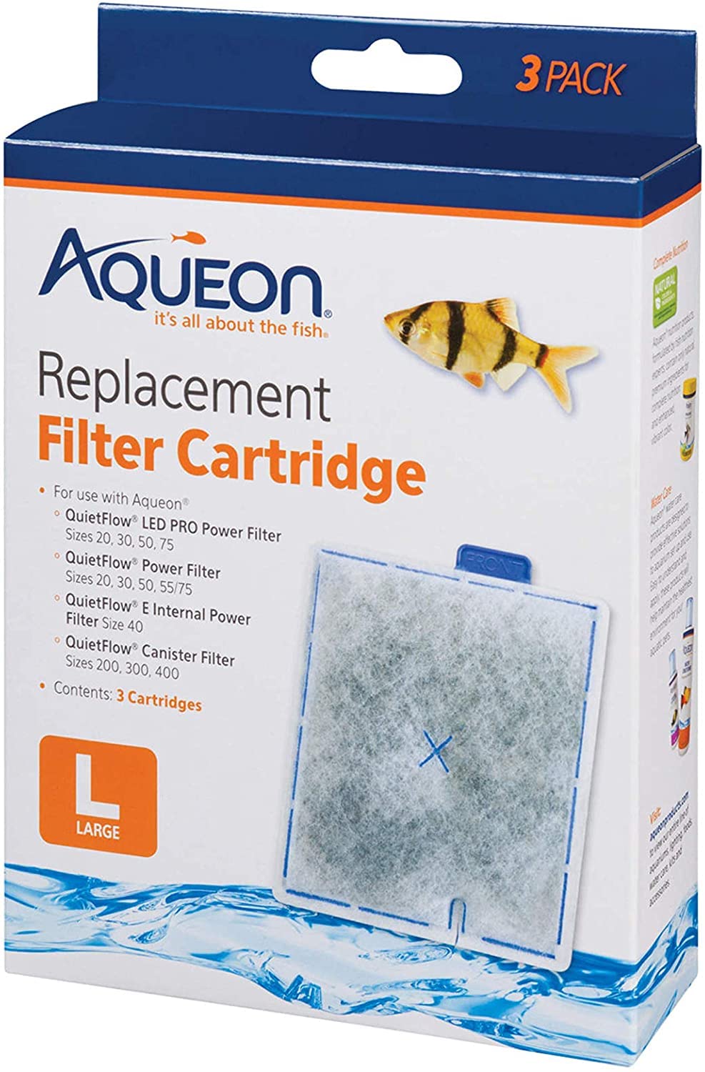 Aqueon replacement cartridge packaging highlights dense-floss design for enhanced filtration.