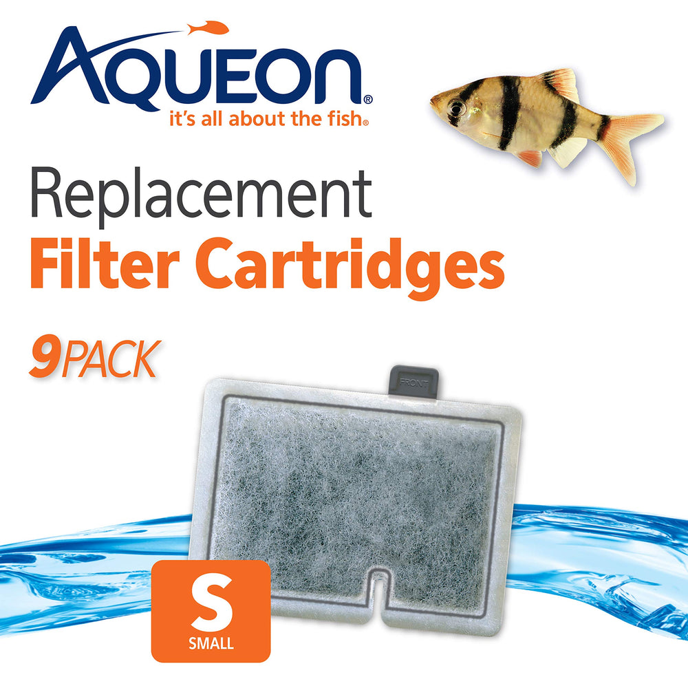 Aqueon replacement cartridges show dense-floss layer and carbon filtration.