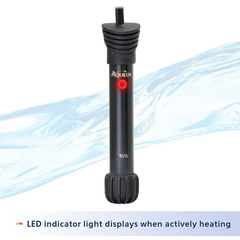 Aqueon submersible 50W heater keeps water temperature stable for happy fish