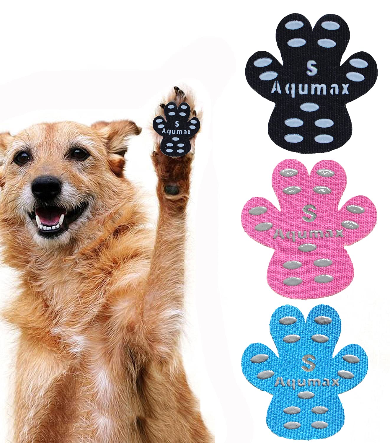 Aqumax dog paw protector packaging showing multicolor pads ready for outdoor traction