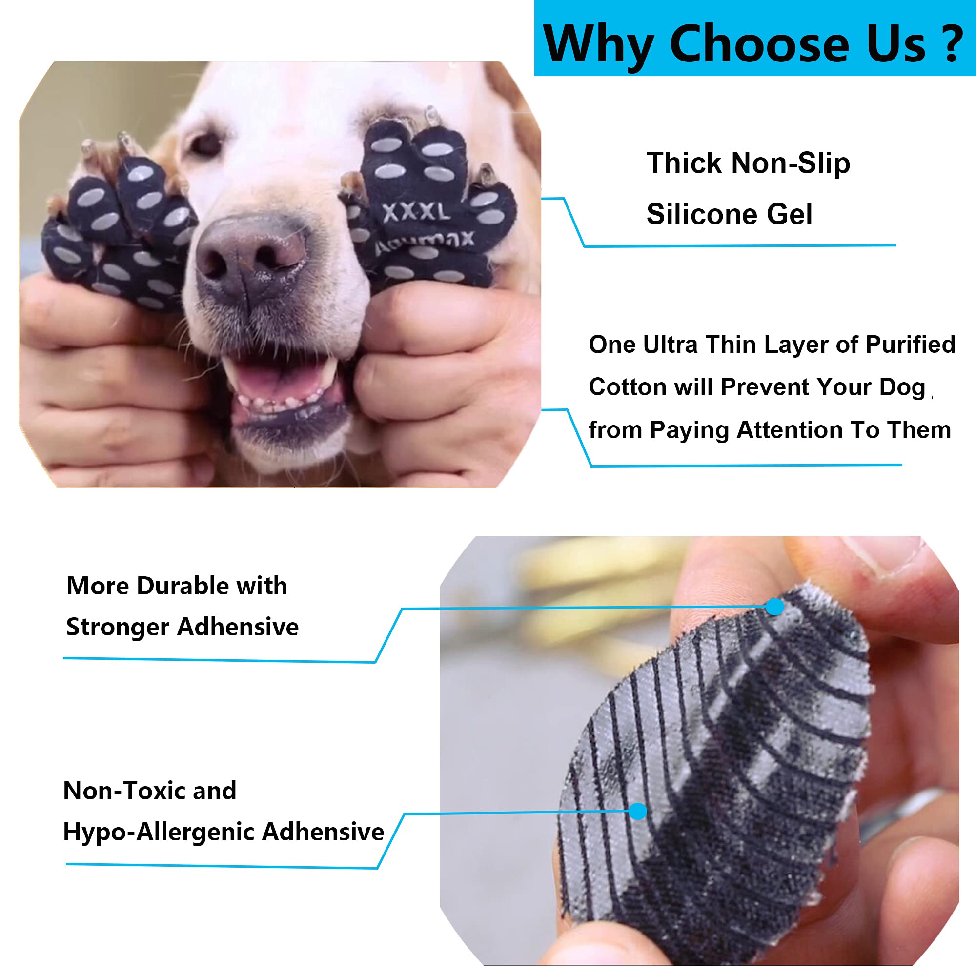 Aqumax adhesive pads demonstrate application on a dog's paw.