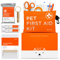 ARCA PET dog first aid kit in water-resistant pouch for outdoor adventures.