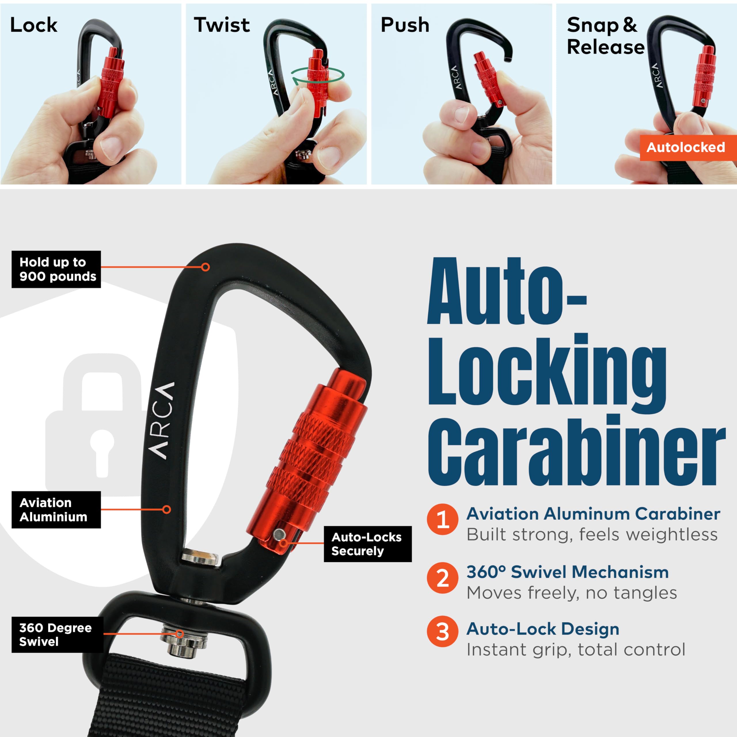 ARCA PET dog seat belt aviation carabiner swivel prevents twisting for comfort.