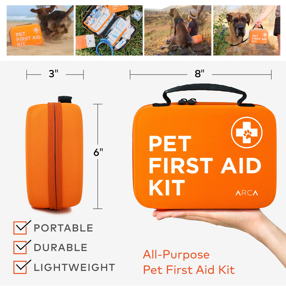 ARCA PET outdoor camping setup with first aid gear for hiking pets.