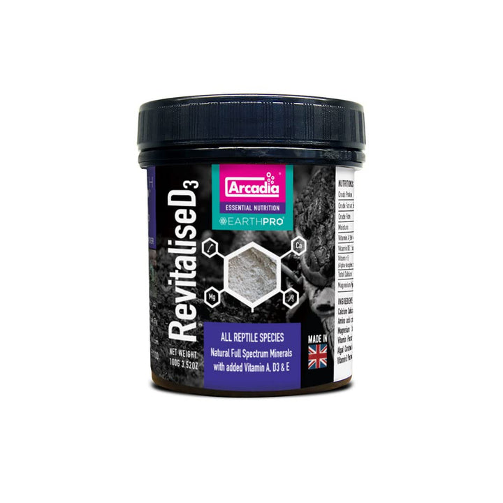 Arcadia EarthPro RevitaliseD3 calcium powder close-up showing rich minerals for reptile daily nutrition